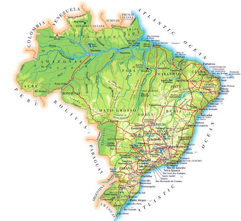 detailed elevation map of brazil with cities roads and