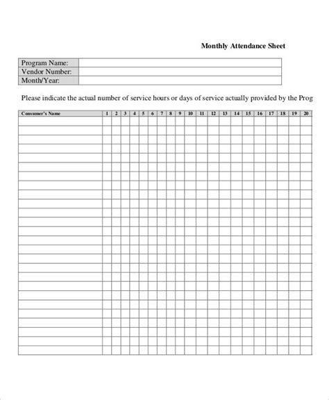 blank monthly attendance sheet printable