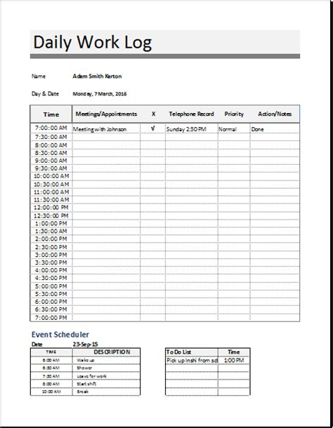 work log template excel