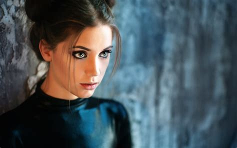 Wallpaper Face Women Model Eyes Long Hair Brunette Blue Black