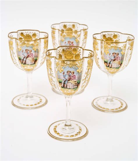 Four Antique Moser Wine Glasses Cut And Hand Decorated With Quatrefoil