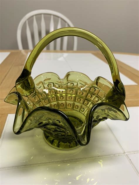 Vintage Fenton Olive Green Glass Basket With Applied Handle Etsy