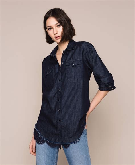 denim shirt with lace woman blue twinset milano