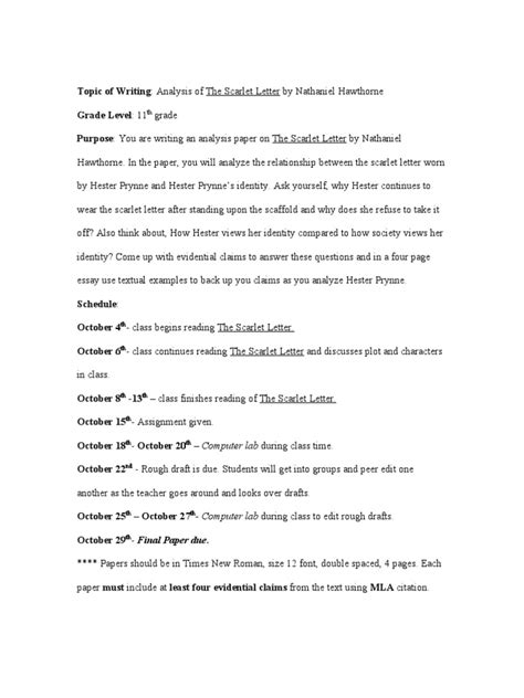 scarlet letter writing assessment grade   scarlet letter