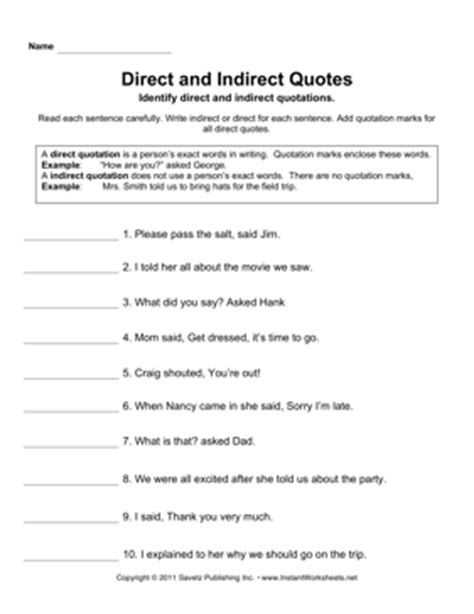 direct  indirect speech worksheets worksheetocom