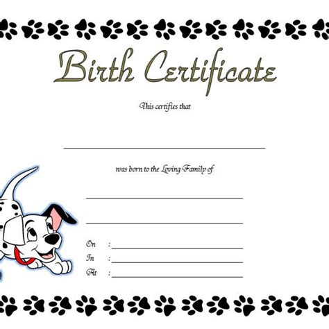 printable  downloadable puppy birth certificate printable templates