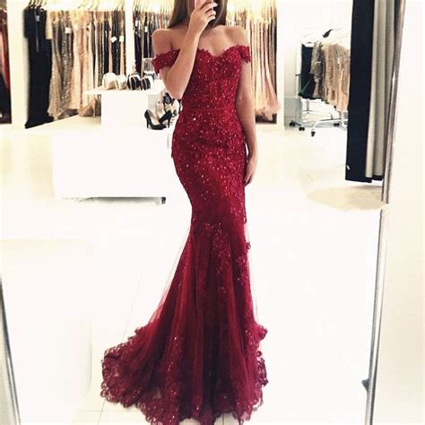 mermaid off the shoulder dark red tulle prom dress with beading appliques long prom dresses