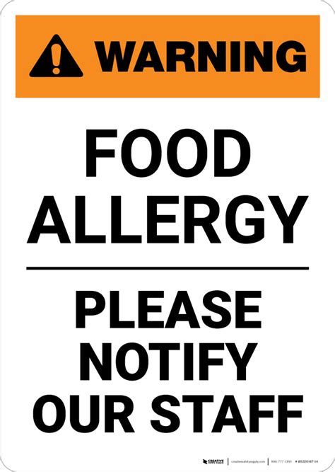 warning food allergy  notify  staff portrait wall sign