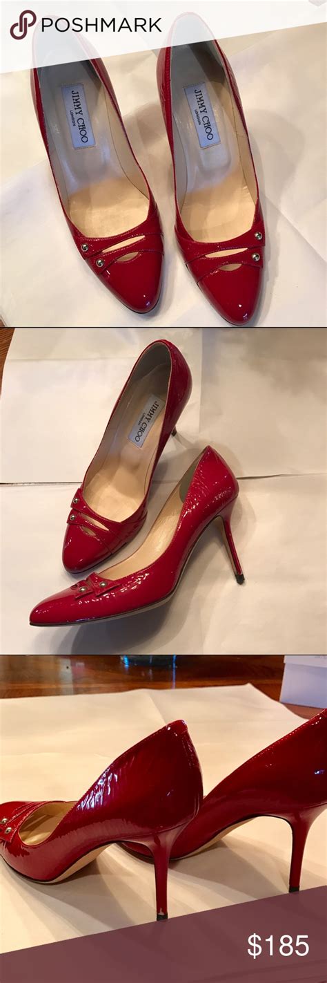 jimmy choo red patent heels   heels red patent leather   gold grommets small