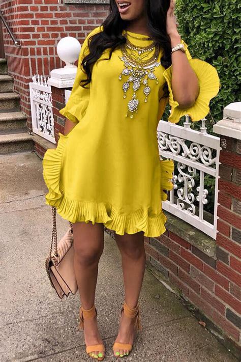 lovely sweet ruffle design yellow blending mini dress