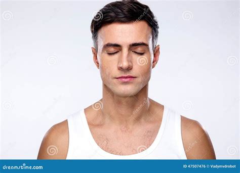 handsome man  closed eyes stock photo image  person gray
