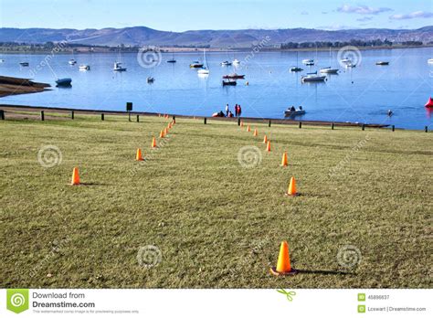 early morning view  midmar dam triathlon venue editorial photography image  markers