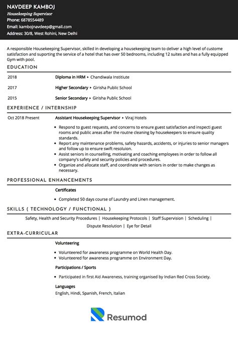 sample resume  housekeeping supervisor  template writing guide