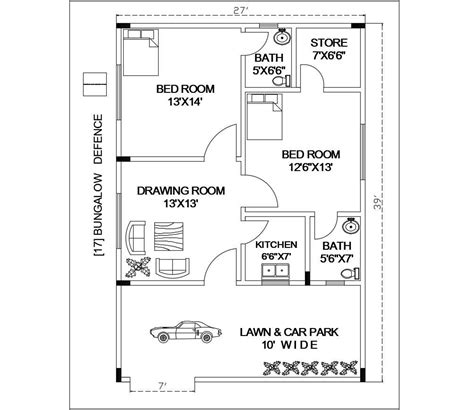 bungalow architecture plan  dwg file cadbull