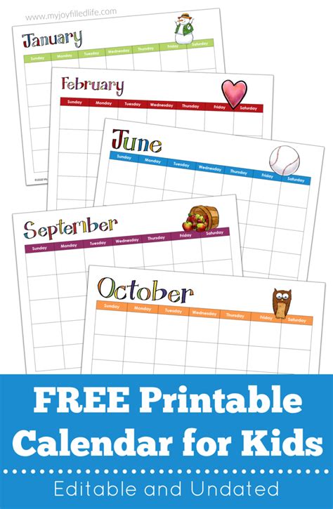 printable calendar  kids editable undated kids calendar