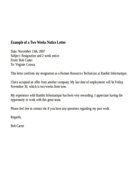 examples   week notice letter