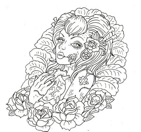 black outline zombie girl   human heart  roses tattoo design
