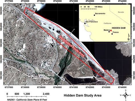 location inset  aerial photo  hidden dam indicating