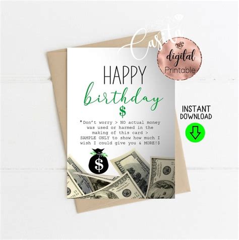happy birthday funny money printable  folded greeting etsy