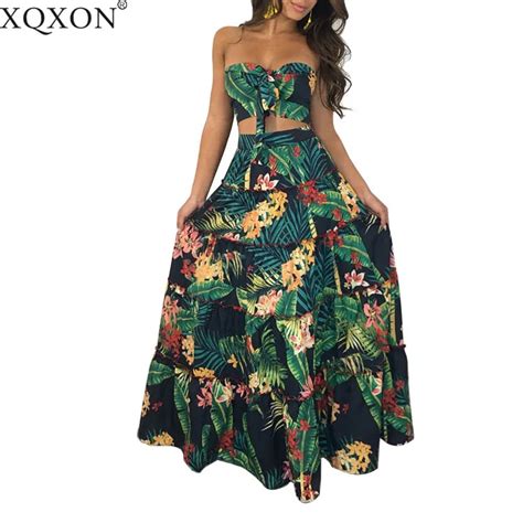 boho new sexy women two piece set crop top long skirt floral printed