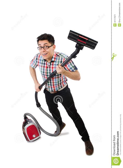 Funny Man With Vacuum Cleaner Stock Image Image Of Clean