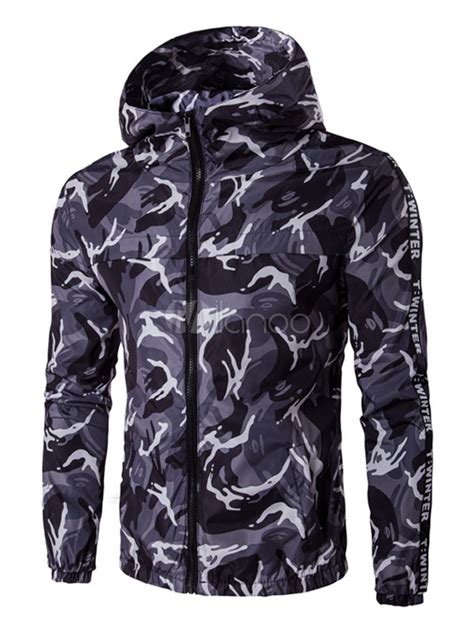 camouflage windbreaker jacket mens long sleeve hooded zip  jacket milanoocom