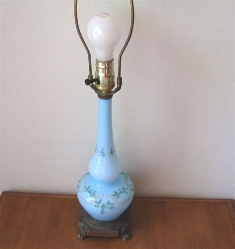 Vintage Pale Blue Floral Hand Blown Glass Table Lamp From