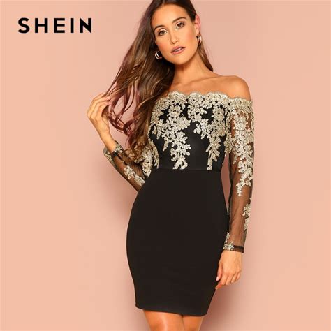 Shein Black Sexy Off The Shoulder Embroidered Mesh Bodice Bardot
