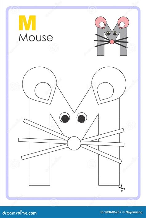 alphabet picture letter  colouring page mouse craft stock