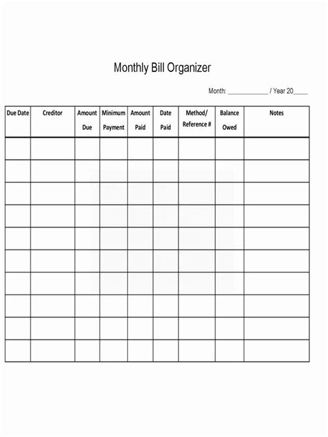 printable monthly bill chart calendar template printable