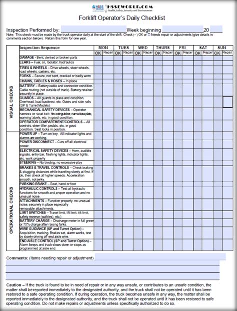 printable daily forklift inspection checklist printable template
