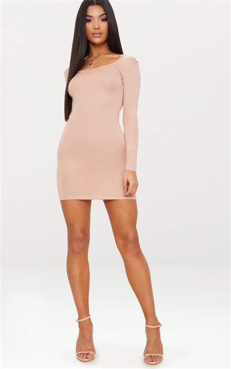 nude long sleeve bodycon dress dresses prettylittlething usa