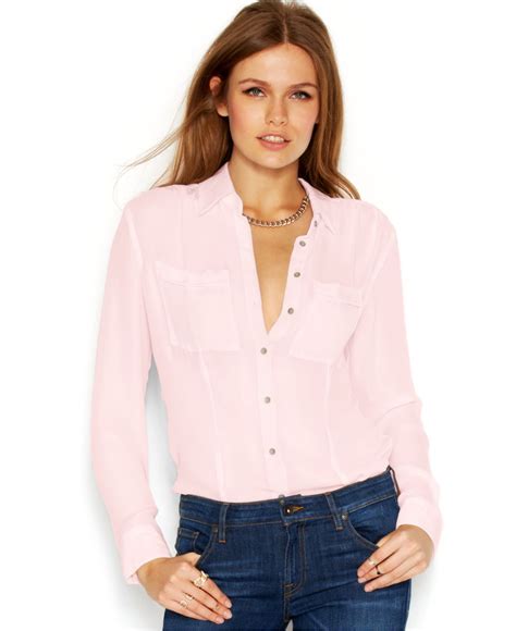 Guess Long Sleeve Point Collar Sheer Blouse In Pink Lyst