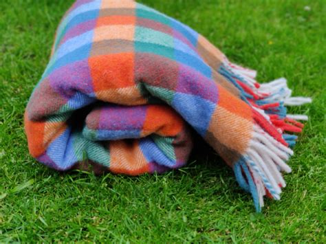 irish pure  wool blanket throw multicolour block check  pure  wool