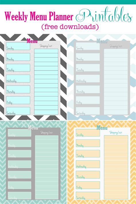 weekly menu planner printable  colors cupcake diaries