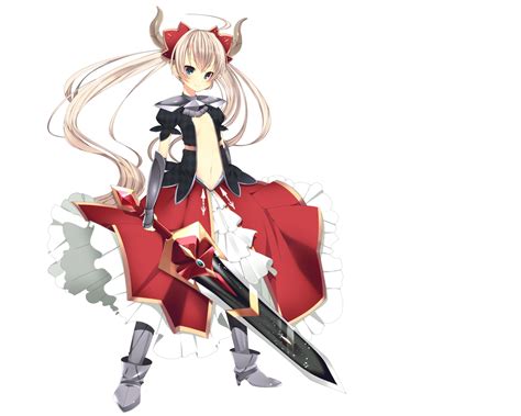 armor blonde hair blue eyes dancho dancyo flat chest horns navel sword twintails weapon white