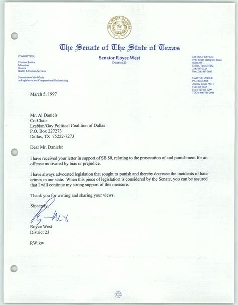 letter  support  senator royce west  al daniels