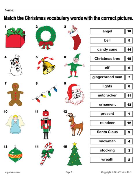 printable christmas vocabulary matching worksheet supplyme