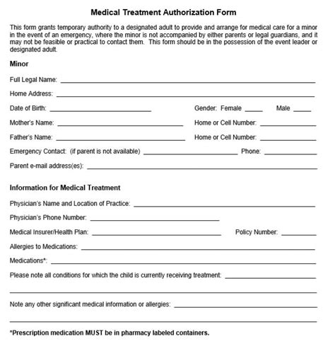 medical treatment authorization form  printable samples