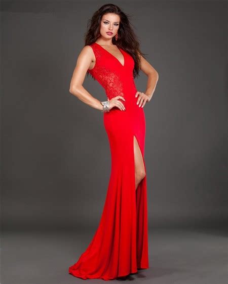 Slim Fitted V Neck High Slit Long Red Jersey Lace Evening