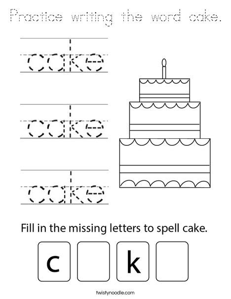 practice writing  word cake coloring page tracing twisty noodle