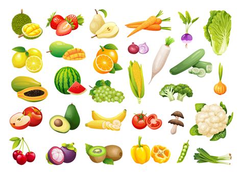 coleccion de frutas  verduras frescas en estilo de dibujos animados