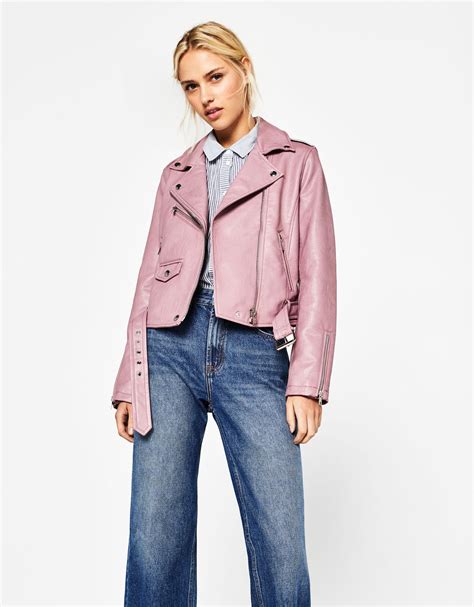 faux leather biker jacket discover     items  bershka   products