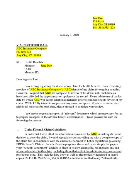 reconsideration insurance appeal letter template patient  dob