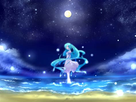 Beach Blue Haru Aki Hatsune Miku Moon Night Stars Vocaloid
