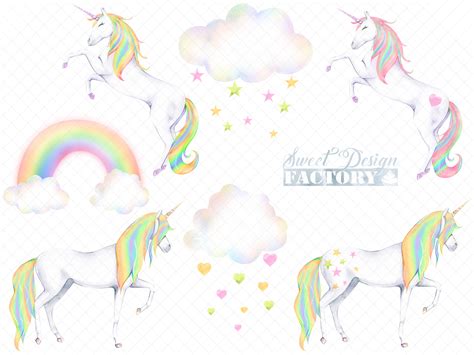 watercolor rainbow unicorn clipart  illustrations design bundles