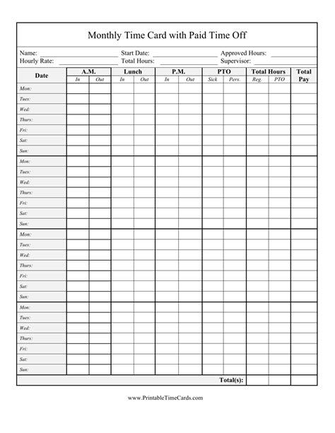 printable monthly time sheets