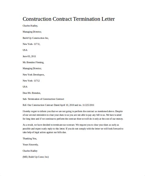 building contract termination letter sample hq template documents
