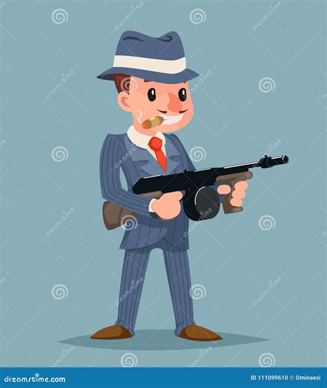 gangster with submachine gun thug criminal character icon retro cartoon