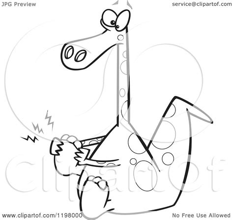 Cartoon Of An Outlined Dinosaur With A Sore Foot Royalty